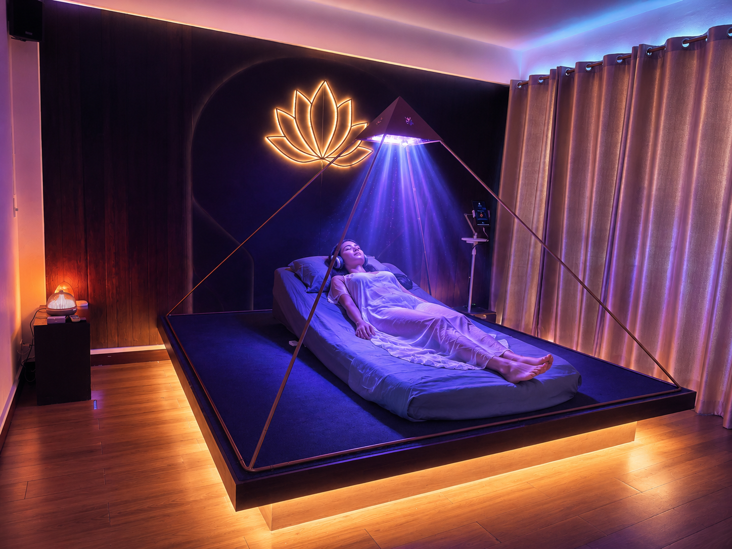Light Mandalas Luminara Pyramid healing room with lotus light and a guided wellness session